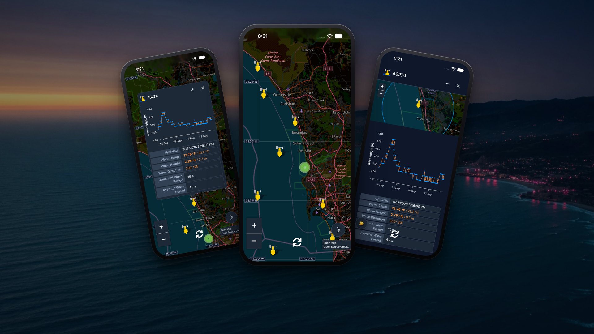 Buoy Map on iPhone: NOAA buoys along the San Diego coast, a station popup with live conditions, and a 72-hour wave height graph